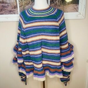 Rain+Rose Colorful Striped Women's Ruffle Sleeve Sweater NWT
